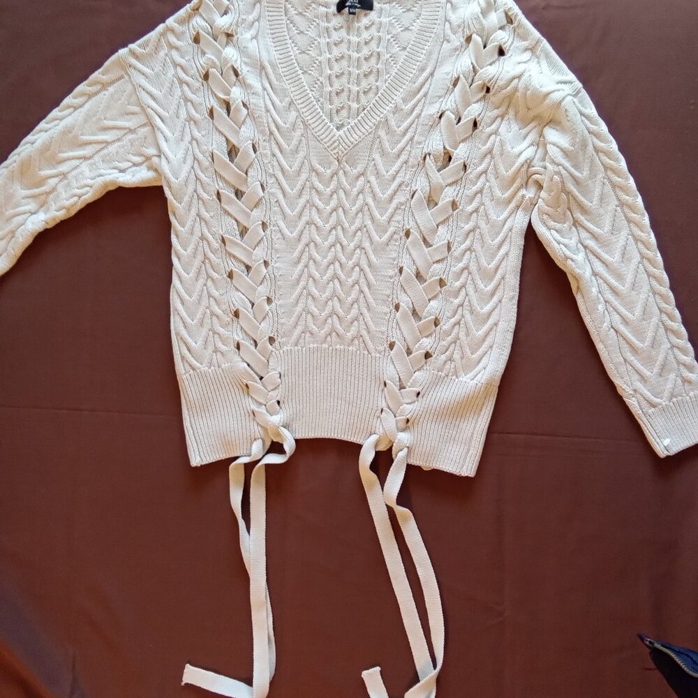 Women' Alpha & Omega knit, braided accent sweatef, beige, small